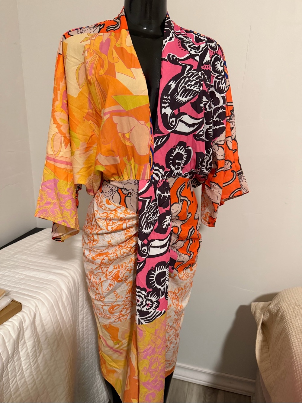 Women’s Colorblock Floral Wrap Dress - Orange Pink